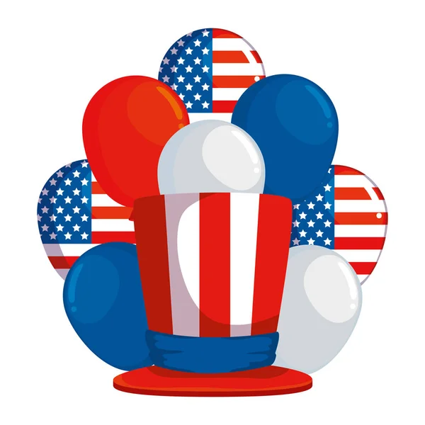 Tophat et ballons hélium avec les États-Unis d'Amérique drapeau — Image vectorielle