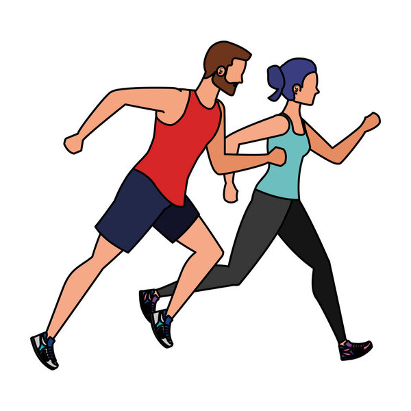 young athletic couple running characters