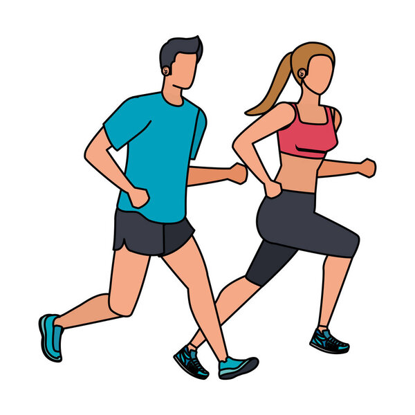 young athletic couple running characters