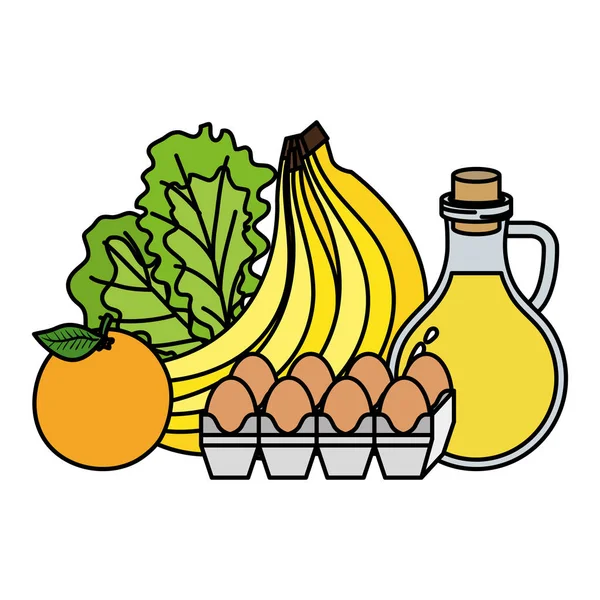 Aceite de oliva con huevos y frutas iconos de alimentos saludables — Vector de stock