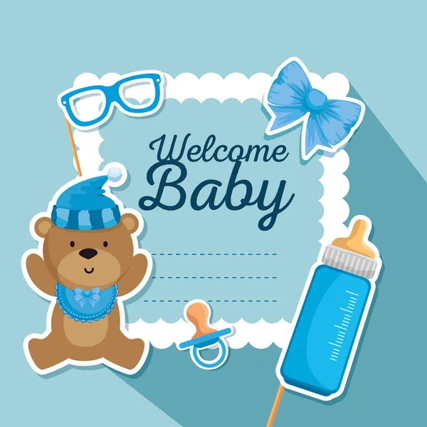 Card of bear with feeding bottle and pacifier decoration — Stock Vector