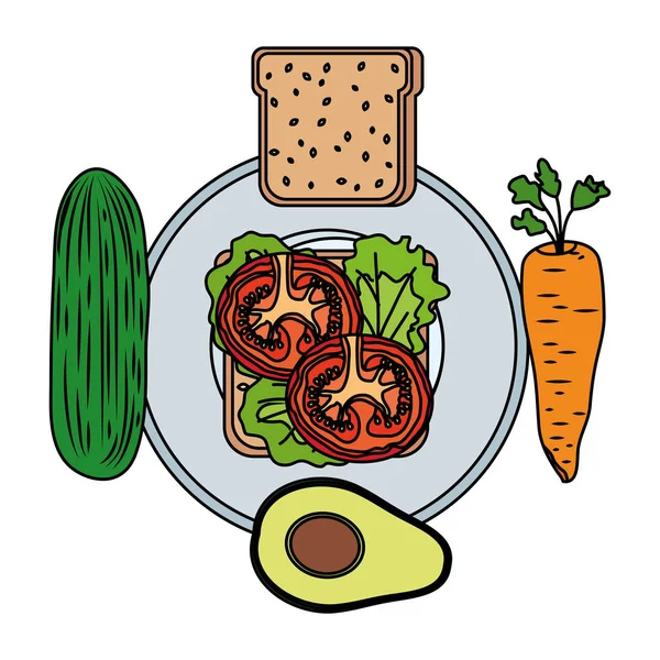 Prato com legumes frescos e pão comida saudável — Vetor de Stock
