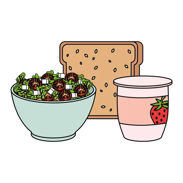 Keramisk skål med grönsaker sallad och bröd — Stock vektor