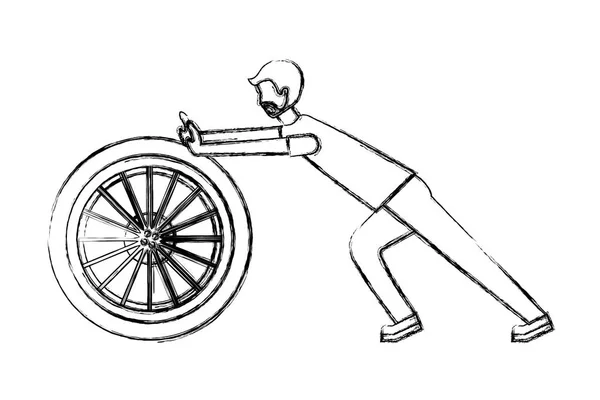 車の車輪修理手描きのひげ男プッシュ — ストックベクタ