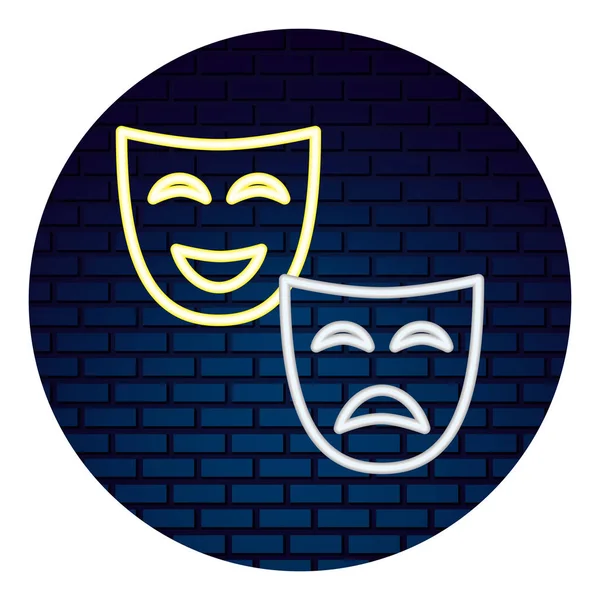 Máscara de teatro con la luz del icono de neón — Vector de stock