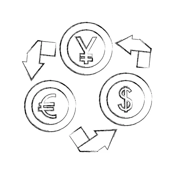 Moneta moneta moneta yen dollaro euro cambio — Vettoriale Stock