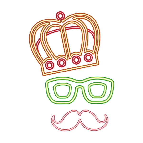 Fiesta bigote corona gafas decoración neón noche — Vector de stock