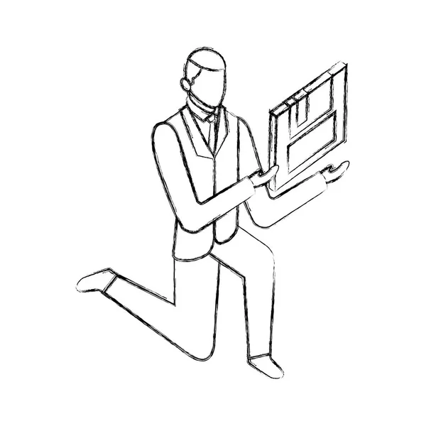 Hombre de negocios en la rodilla con disquete — Archivo Imágenes Vectoriales