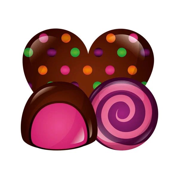 Chocolade snoep hart vulling chip ronde karamel — Stockvector
