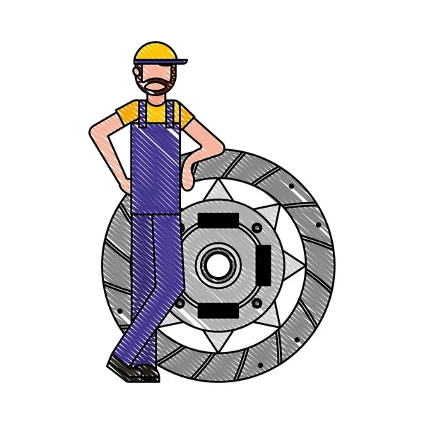 Mechanic worker with clutch plate — Stock Vector