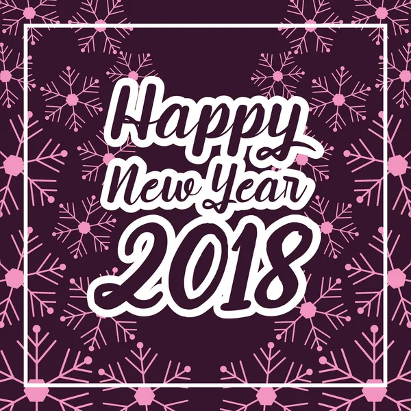 Feliz año nuevo 2018 letras púrpura copo de nieve decoración del marco — Vector de stock