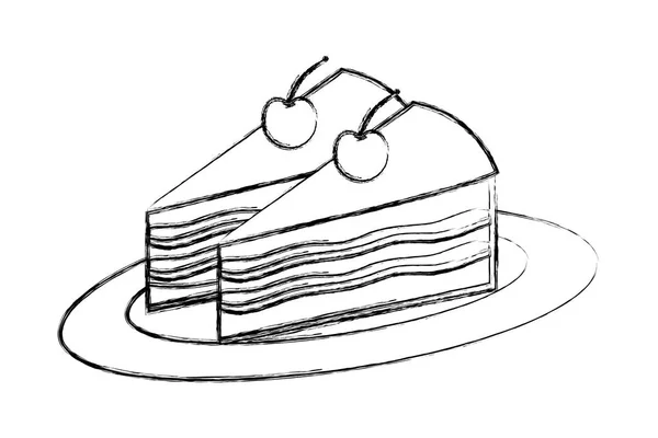 Pyszne kawałki ciasto z owoców czereśni na danie rysunek ręki — Wektor stockowy