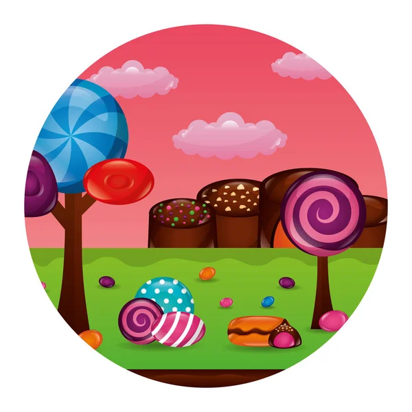 Fantasia caramelle dolci paesaggio di cioccolato — Vettoriale Stock