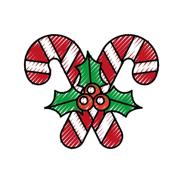 크리스마스 두 사탕 지팡이 베리 잎 장식 — 스톡 벡터