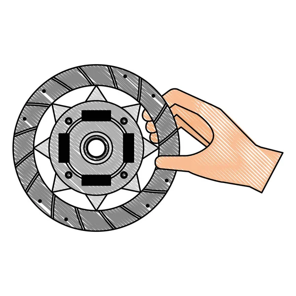 Hand met koppelingsplaat motor deel — Stockvector