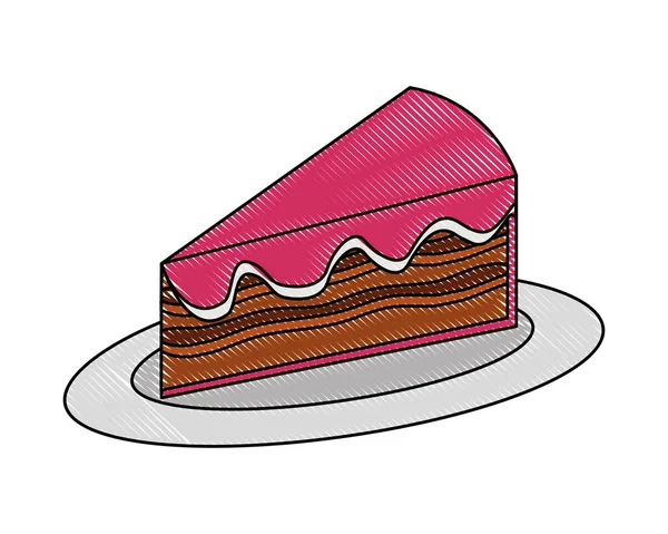 Dulce pedazo pastel en plato comida postre dibujo color — Archivo Imágenes Vectoriales