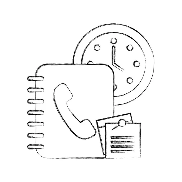 Reloj de oficina libro de tiempo notas telefónicas papel — Vector de stock