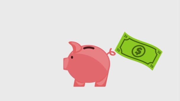 Piggy bank and falling money bills icons — Stock Video