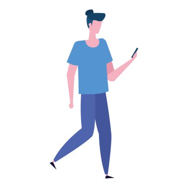 Genç adam akıllı telefon karakteri kullanıyor.