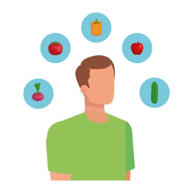 sağlıklı gıda simgeleri ile genç adam