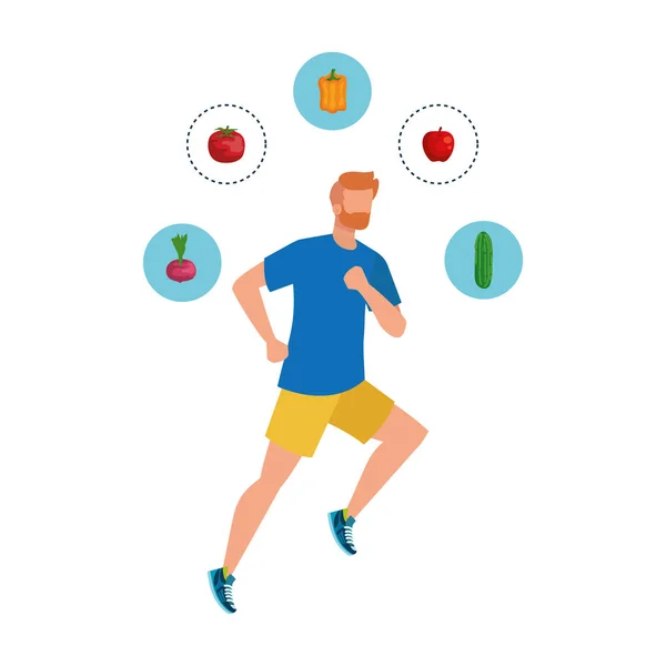Joven atlético corriendo con comida saludable — Vector de stock