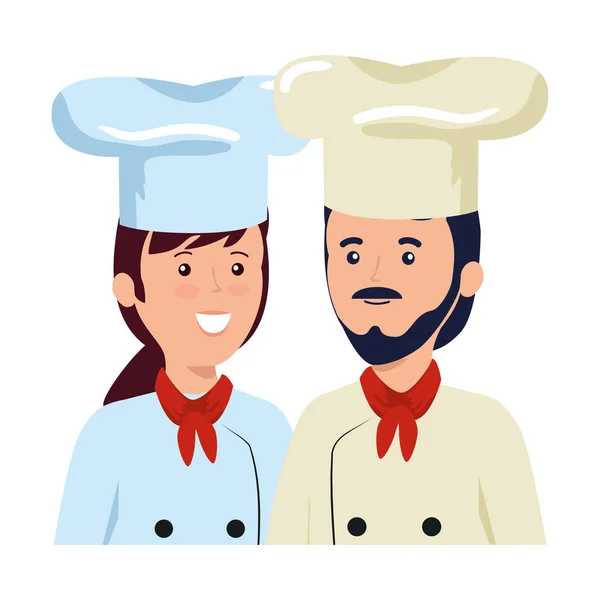 Jeune couple chefs travailleurs personnages — Image vectorielle