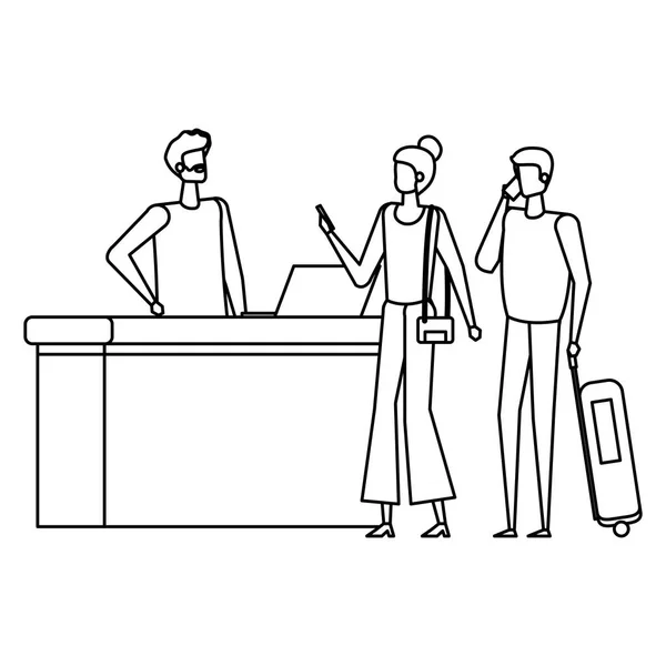 Homem trabalhando no aeroporto com viajantes casal —  Vetores de Stock