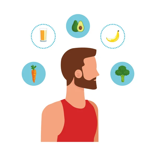 Joven con barba y comida sana — Vector de stock