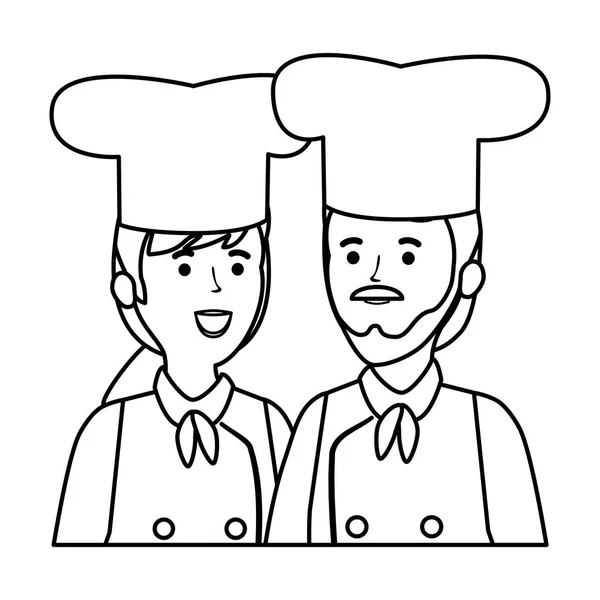 Jóvenes pareja chefs trabajadores personajes — Vector de stock