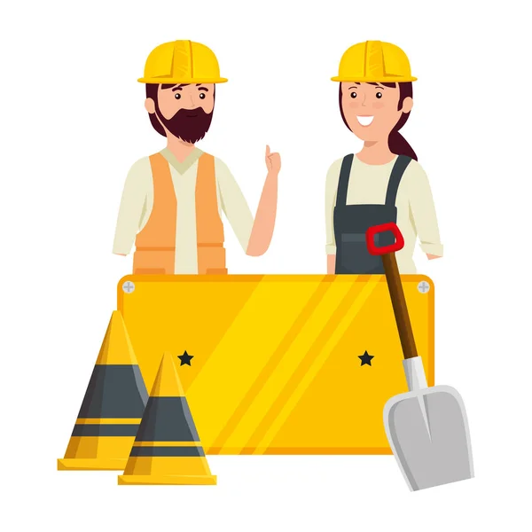 Young couple mechanics workers with cones and shovel — Stock Vector