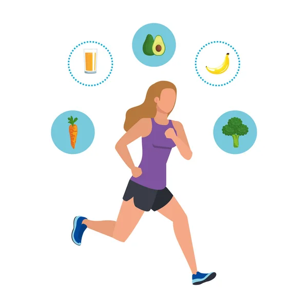 Junge athletische Frau läuft mit gesunden Ikonen — Stockvektor