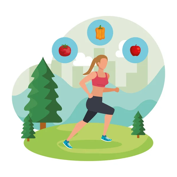 Atletische vrouw loopt in het landschap met gezonde iconen — Stockvector