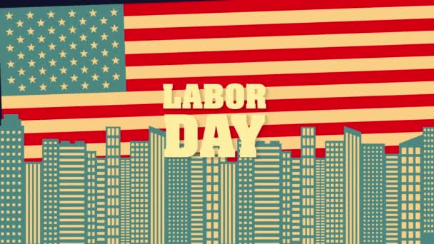 Labor day card with USA flag and cityscape — Stock Video