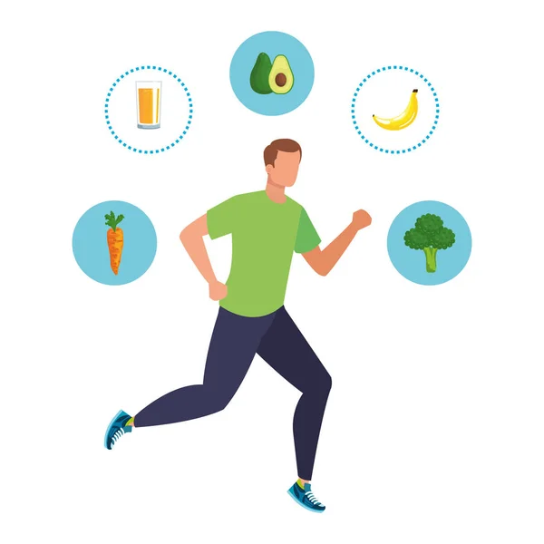 Sportlicher junger Mann läuft mit gesunder Ernährung — Stockvektor