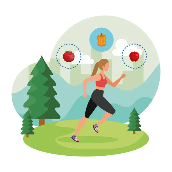 Mujer atlética corriendo en el paisaje con iconos saludables — Vector de stock