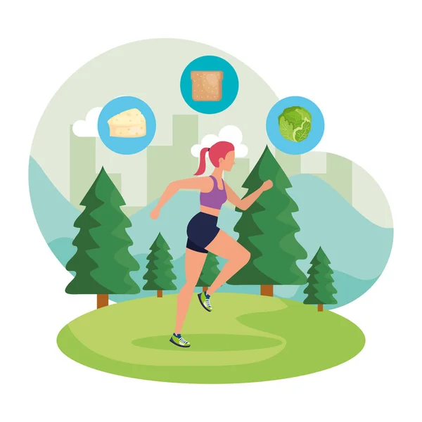 Спортивная женщина бегает по пейзажу со здоровыми иконами — стоковый вектор