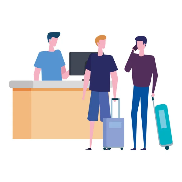 Hombre trabajando en aeropuerto con hombres viajeros — Vector de stock