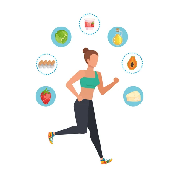 Young athletic woman running with healthy icons — Stock Vector