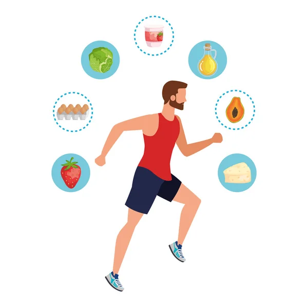 Joven atlético corriendo con comida saludable — Vector de stock