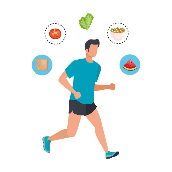 Sportlicher junger Mann läuft mit gesunder Ernährung — Stockvektor
