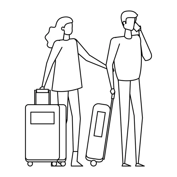 Jóvenes amantes pareja con maletas de viaje — Vector de stock