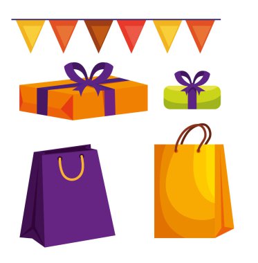 hediyeler ve çantalar ile parti afiş seti