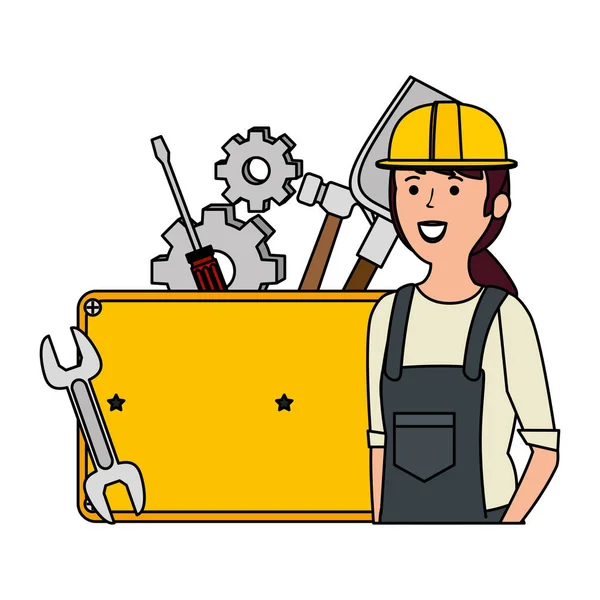 Young female mechanic with set tools — Stock Vector