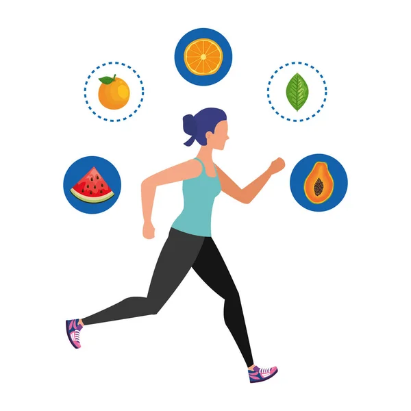 Mujer atlética joven corriendo con iconos saludables — Vector de stock