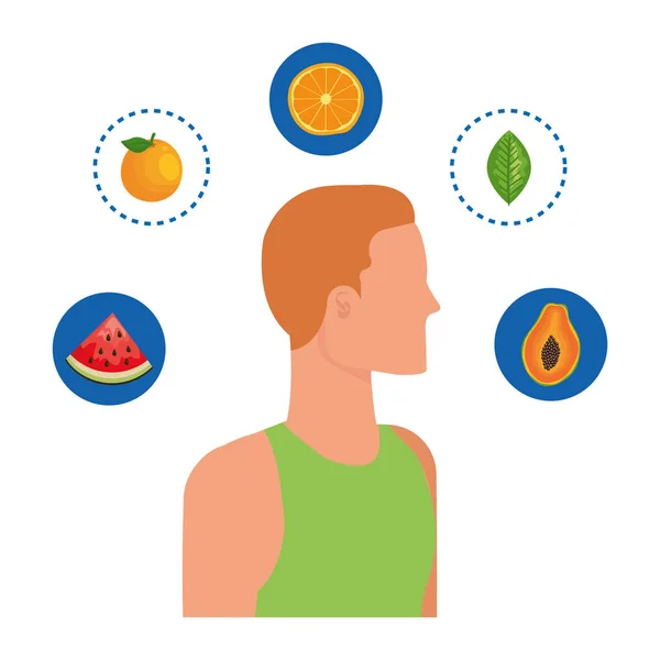 Young man with healthy food icons — Stock Vector