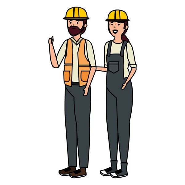 Jeune couple mécanicien travailleurs personnages — Image vectorielle