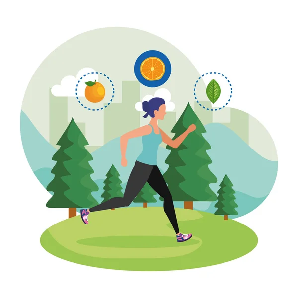 Femme athlétique courir dans le paysage avec des icônes saines — Image vectorielle