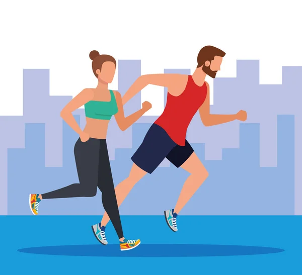 女人和男人跑步和练习运动 — 图库矢量图片