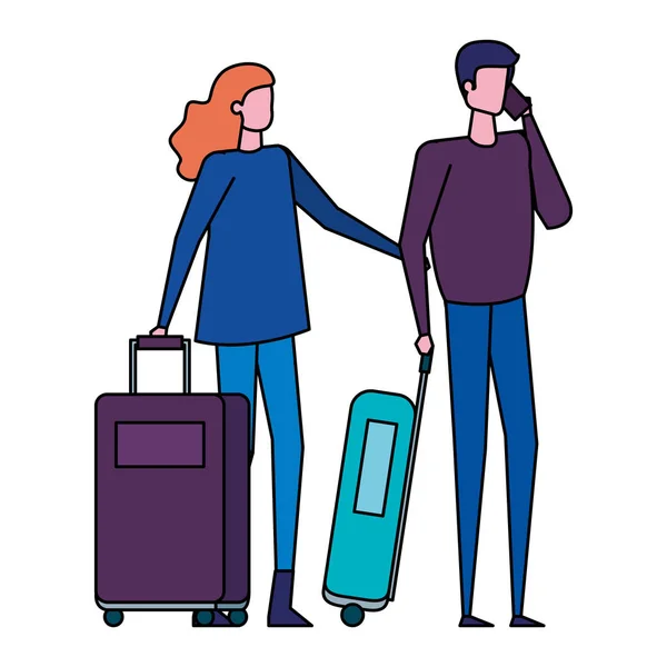 Jóvenes amantes pareja con maletas de viaje — Vector de stock