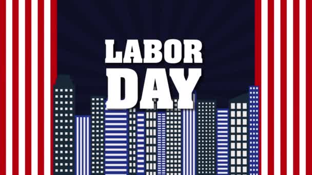 Labor day card with USA flag and cityscape — Stock Video